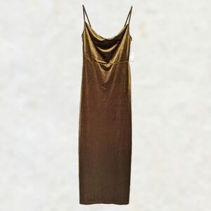 Taylor Stretch Velvet Midi Dress Cowl Neck Spaghetti Strap Bronze - sz 4